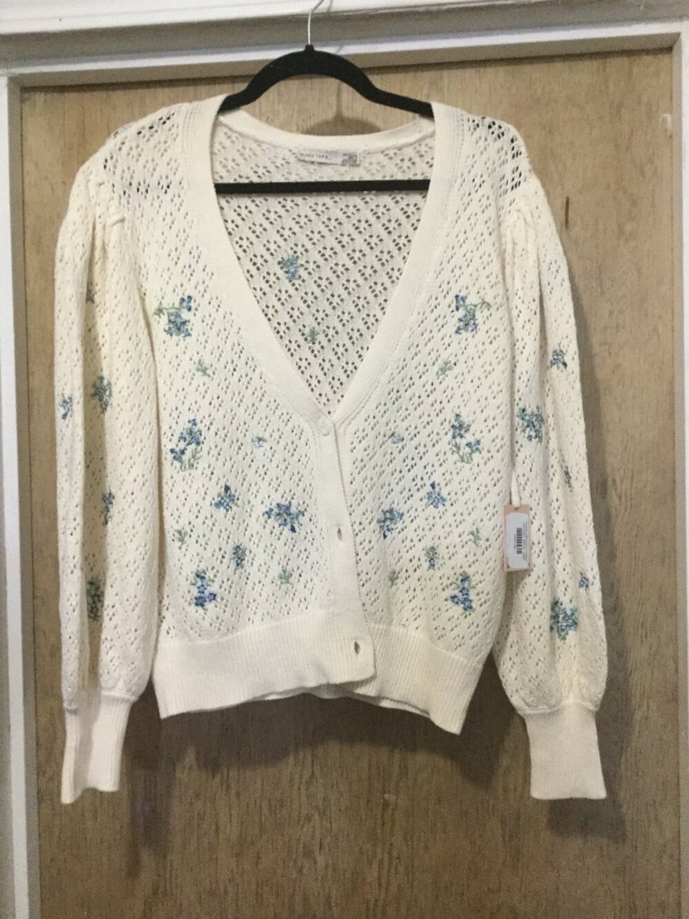 NWT Black Tape cardigan sweater off white with blue embroidered flowers size S
